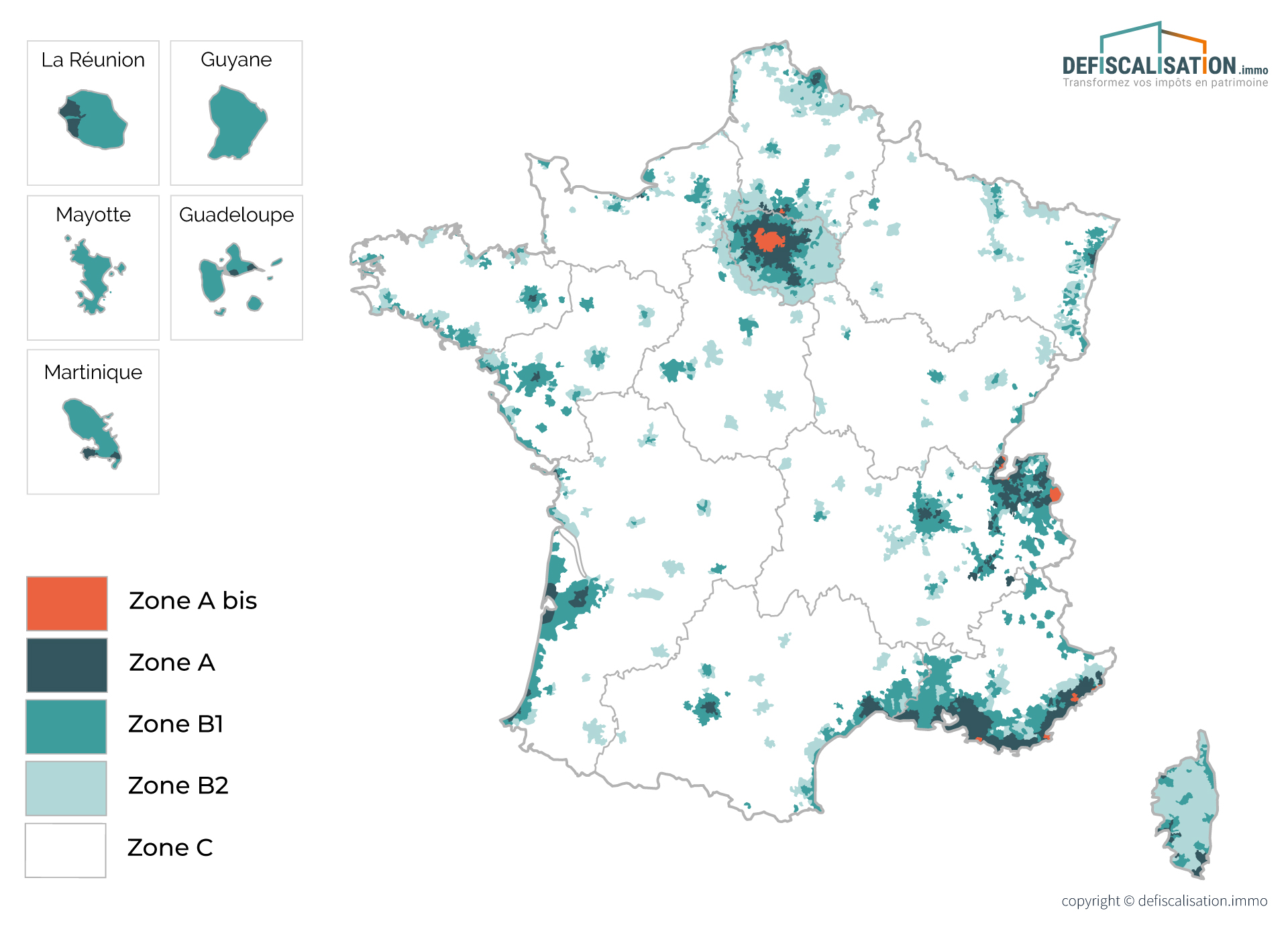 Carte des zones Pinel Abis, A, B1, B2 et C